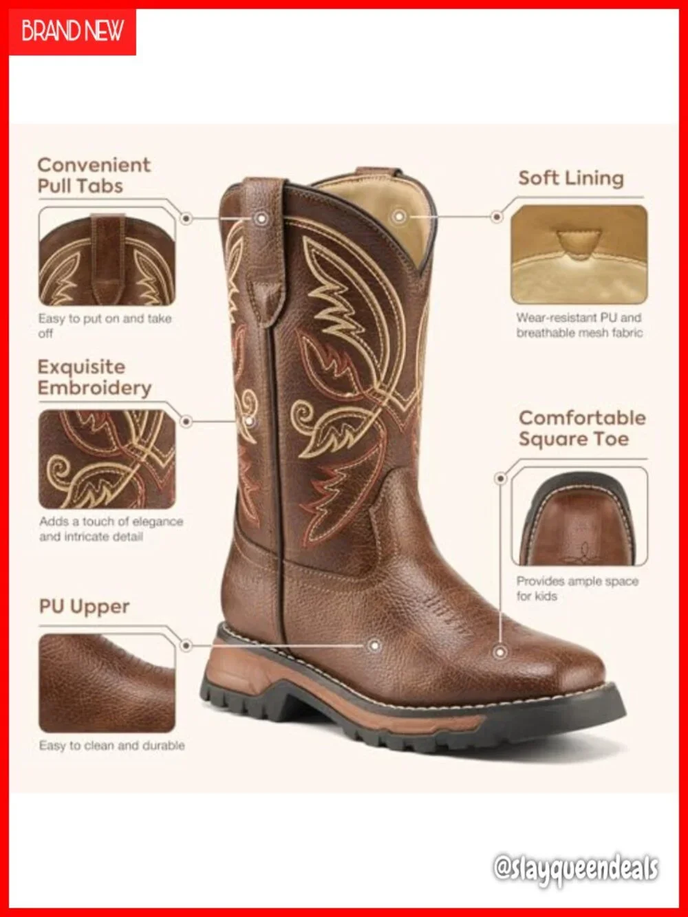 Kids Square Toe Cowboy Boots Western Riding Mid Calf Pull On